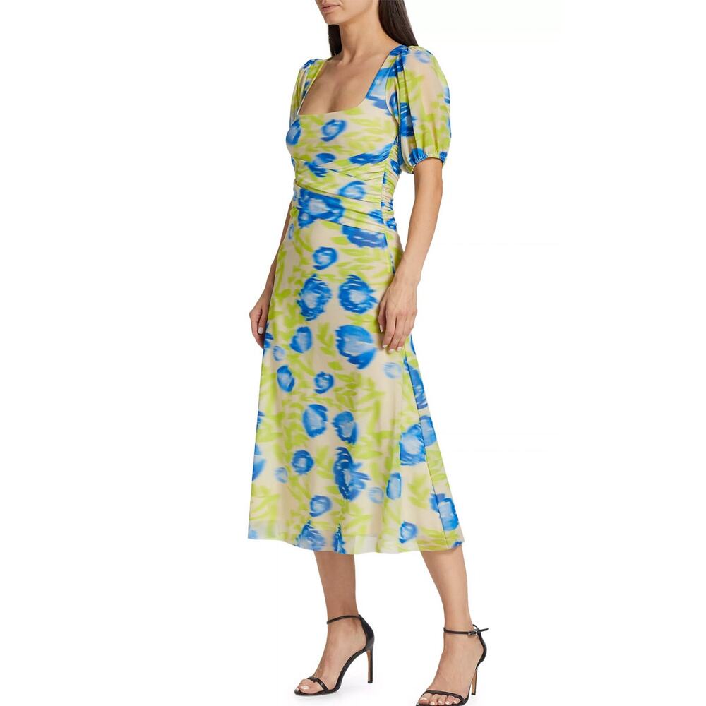 GANNI Lime Blue Abstract Floral Crisscross Mesh Midi Dress Size 34